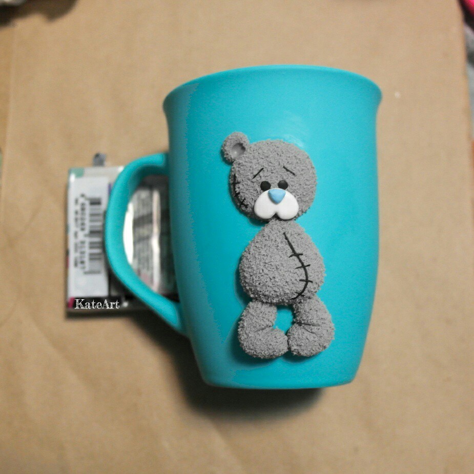 Mug decor - My, Teddy bear, Polymer clay, Needlework with process, Mug with decor, Longpost