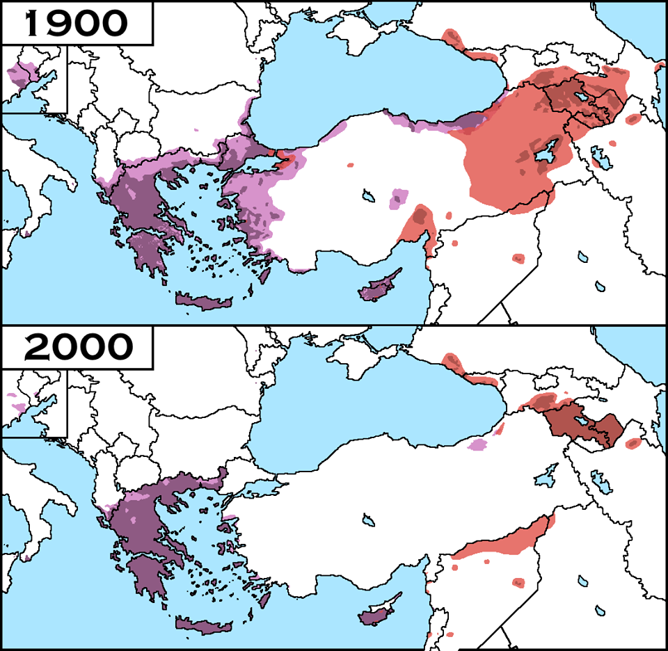 Comparison of places of residence of Greeks and Armenians in 1900 and 2000 - Cards, Anatolia, Near East, Greece, Armenia