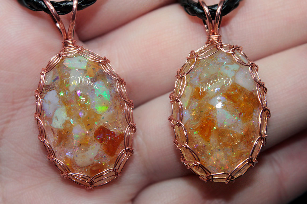 Opals in string bags - My, Needlework without process, Wire wrap, Opal, , Glass, Copper, Copper wire, Pendant, Video, Longpost