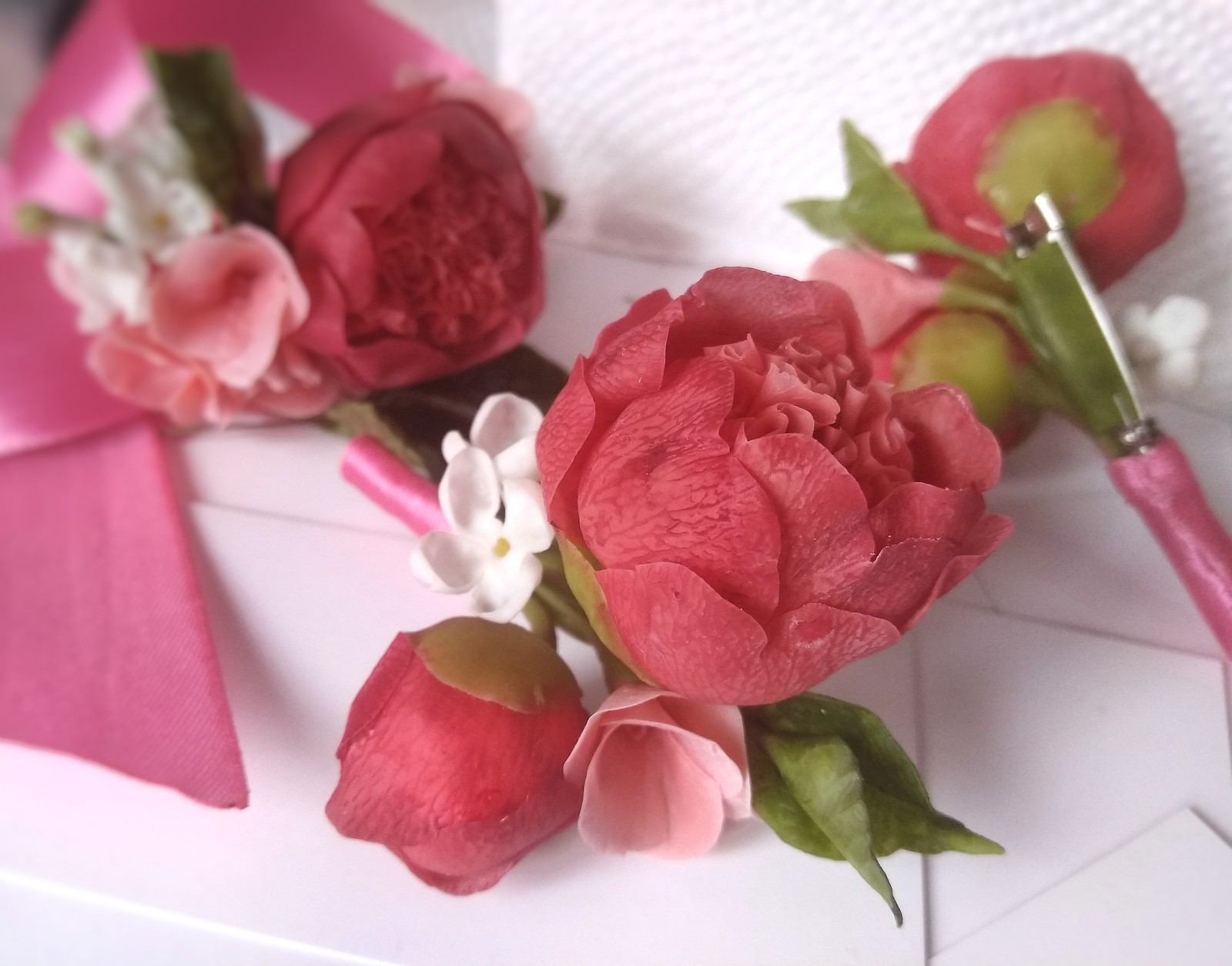 Wedding, not fading set with coral peonies - My, Cold porcelain, Лепка, Flowers, Handmade, Creation, Needlework without process, Peonies, Longpost