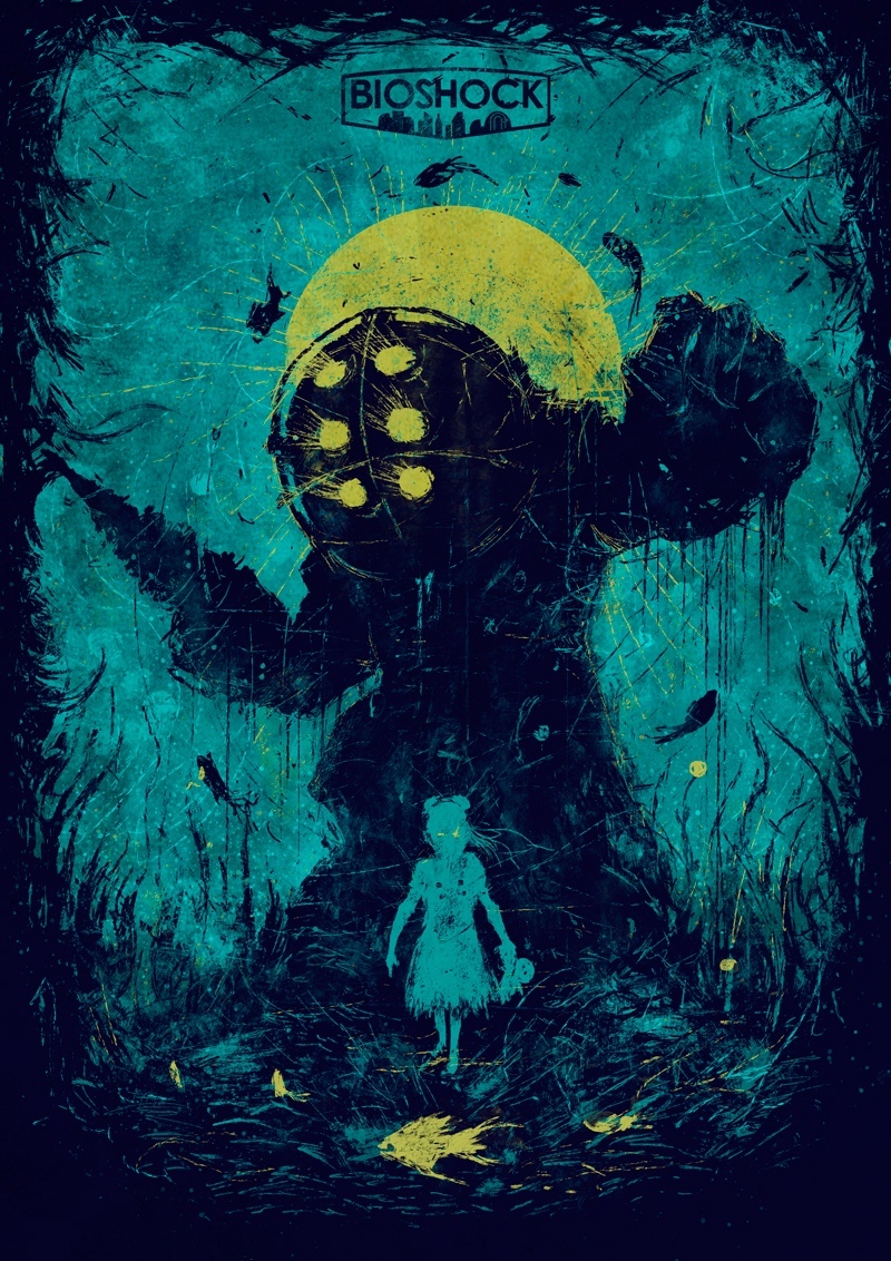 Bioshock - Моё, BioShock, Постер, Длиннопост, Большой папочка, Игры, Рисунок, Цифровой рисунок, Big Daddy