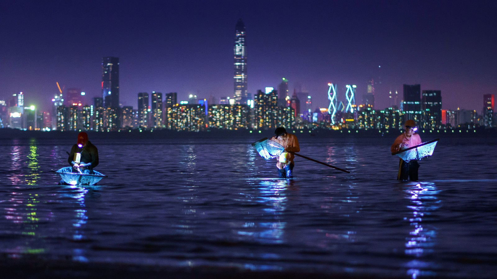 night fishermen - The photo, Night, Town, Bay, Fishermen, Light, China