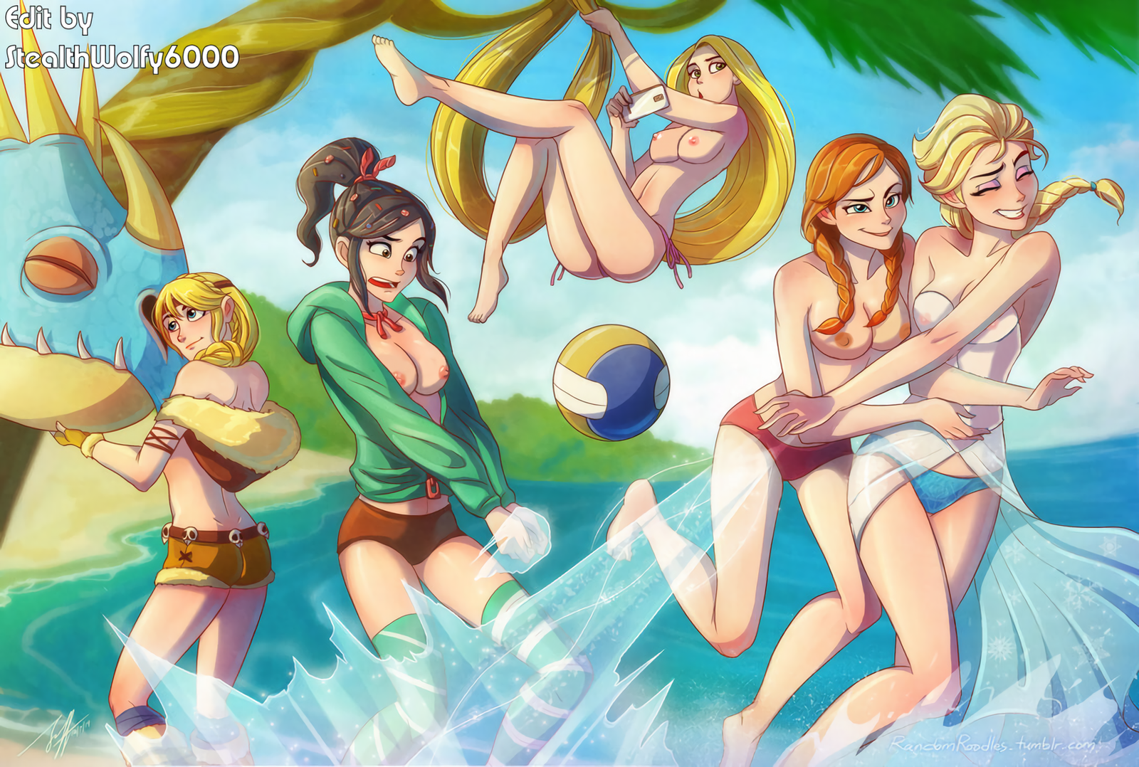 Summer Beach Party II - NSFW, Art, Crossover, How to train your dragon, Ralph, Rapunzel, Cold heart, Longpost, Astrid, Ralph vs the Internet, Vanilla von Keks, , Elsa, Anna, Rapunzel Tangled