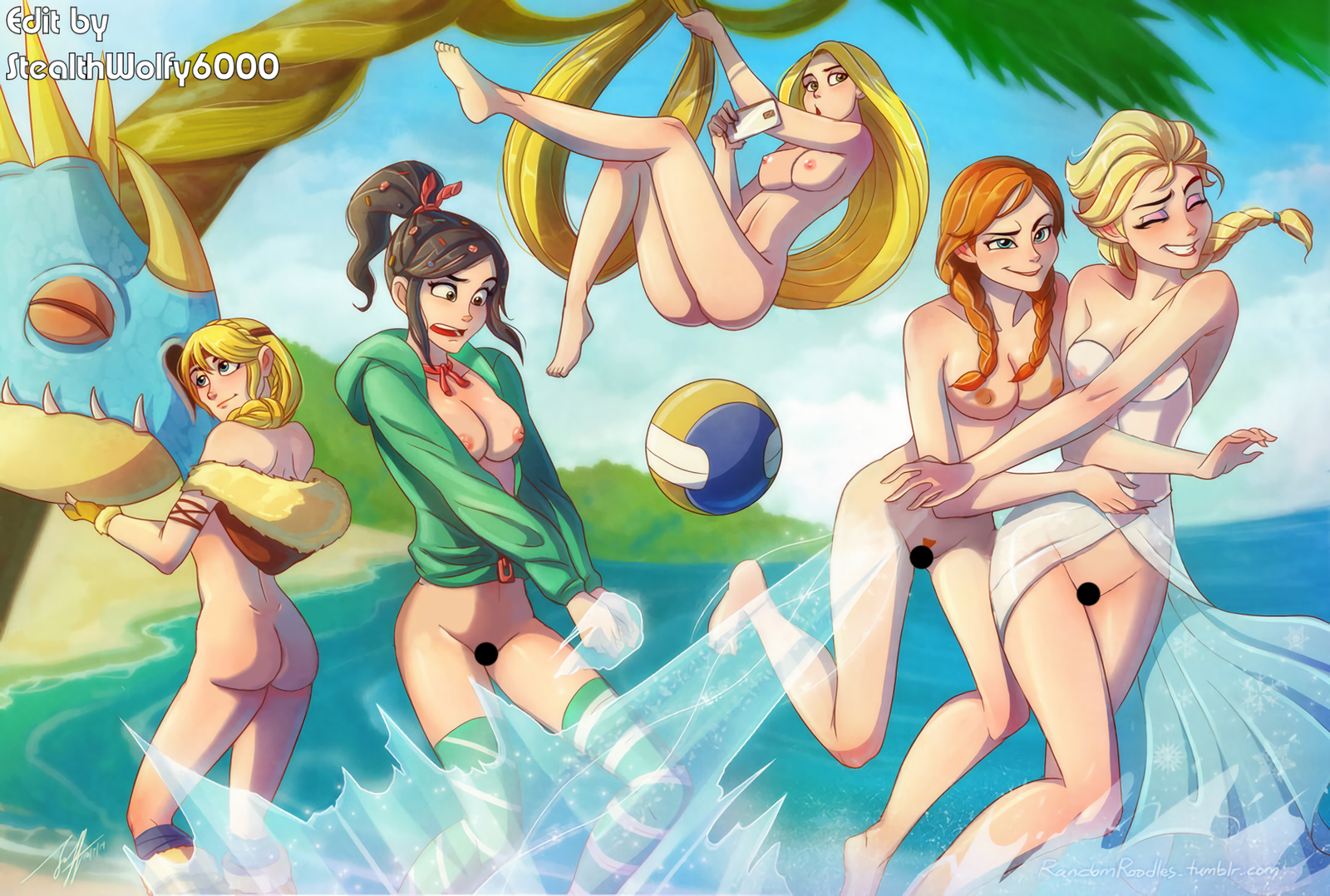 Summer Beach Party II - NSFW, Art, Crossover, How to train your dragon, Ralph, Rapunzel, Cold heart, Longpost, Astrid, Ralph vs the Internet, Vanilla von Keks, , Elsa, Anna, Rapunzel Tangled