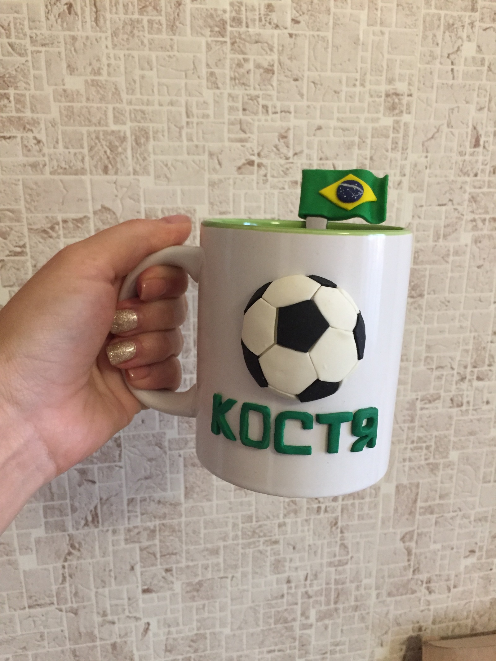 Decorated mugs - My, , Football, Handmade, Hobby, Polymer clay, Presents, Longpost