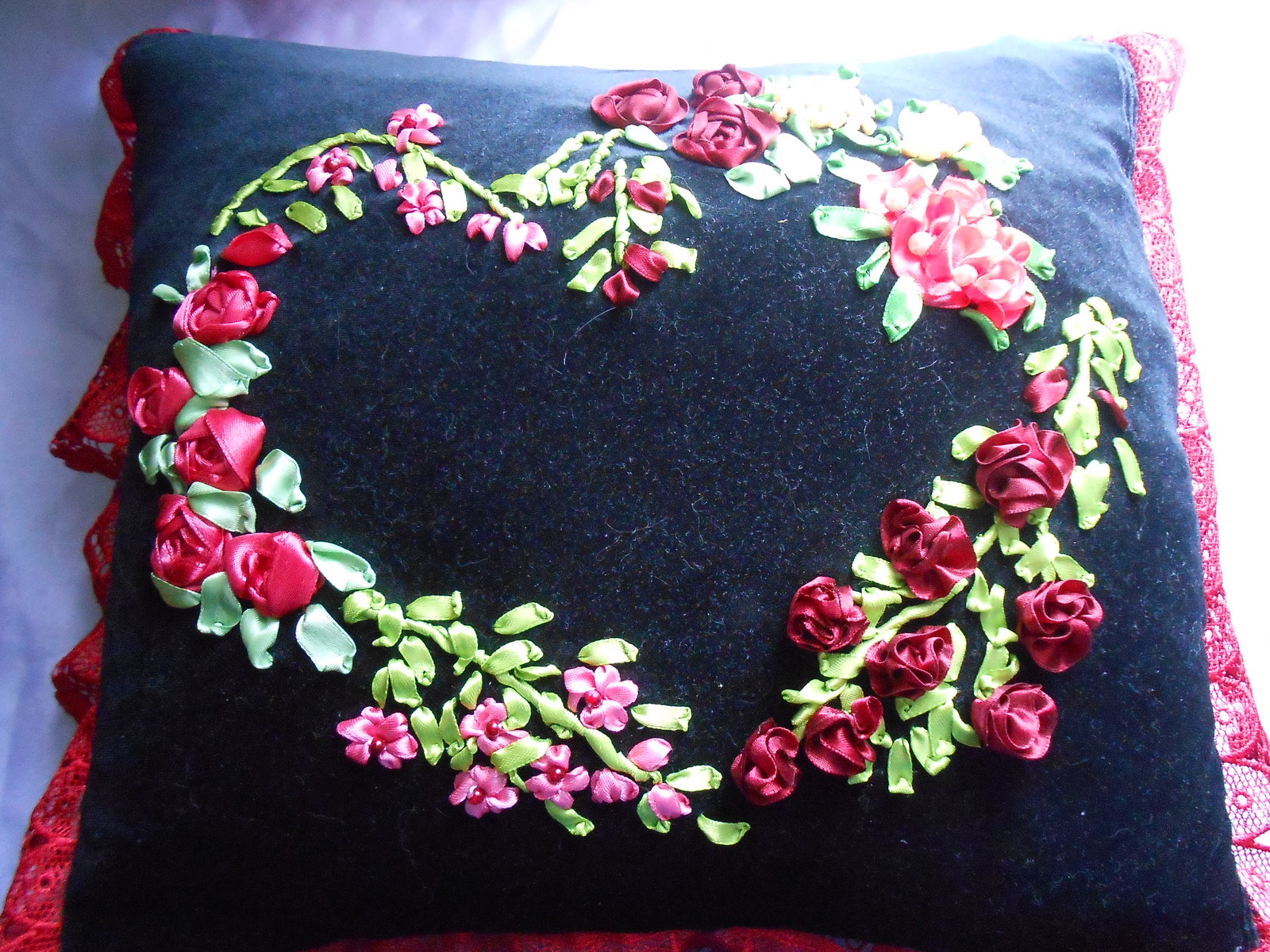 Ribbon embroidery, cushion - My, Needlework without process, Embroidery with ribbons, Pillow, Embroidery