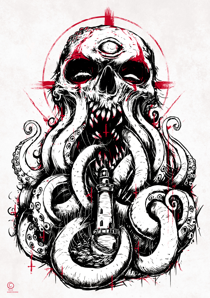 Lighthouse - My, Scull, Print, Longpost, Lighthouse, Tentacles, Digital drawing, Drawing