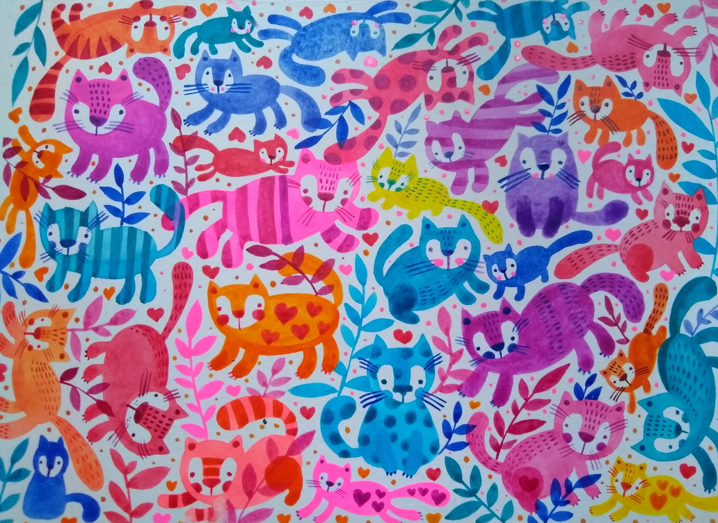 All Cats Are Beautiful 2 - My, Watercolor, Drawing, cat, , Art, Longpost, Patterns