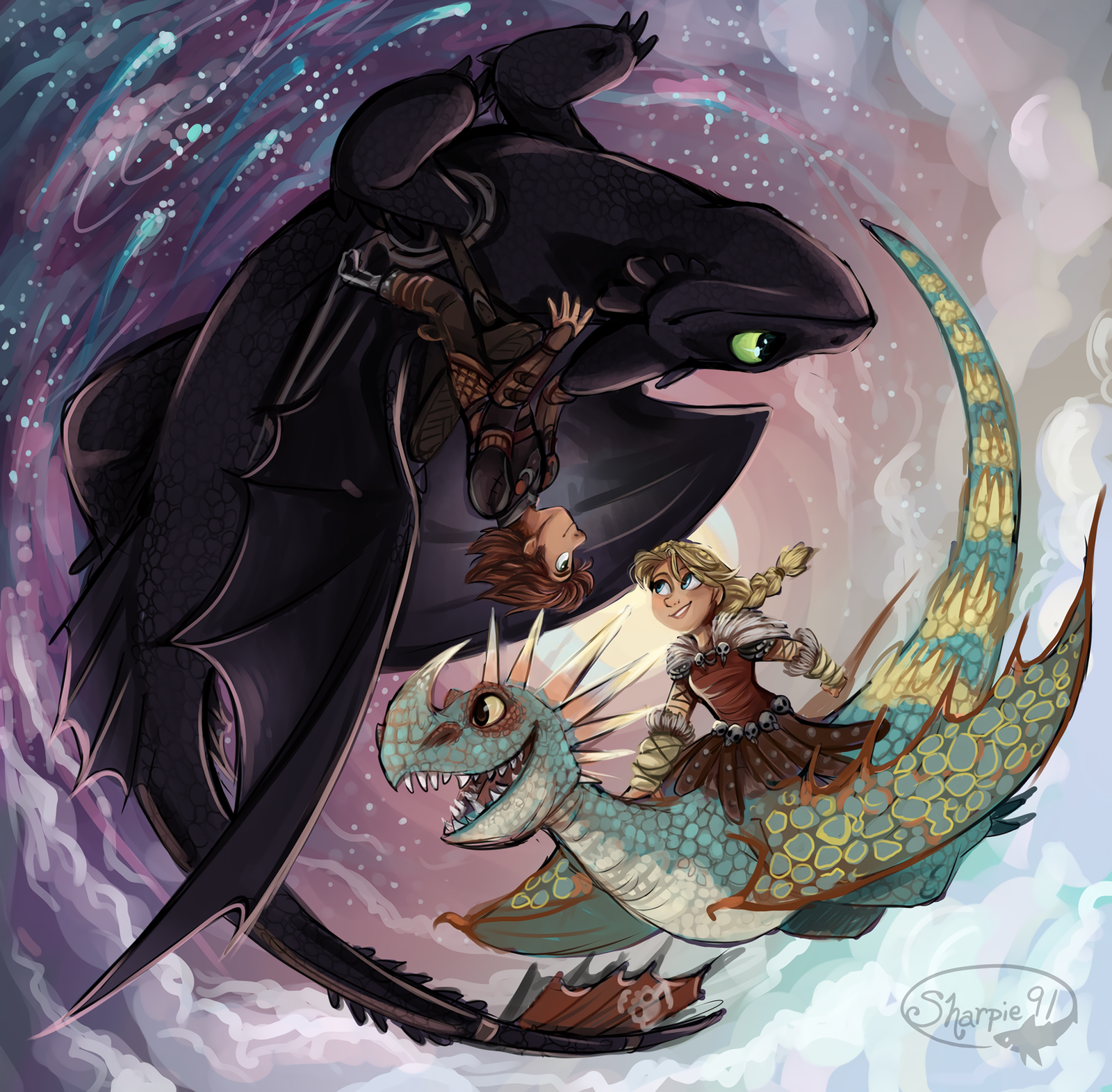 Night and Day - Art, How to train your dragon, Toothless, Hiccup, Astrid, Gromgild, The Dragon