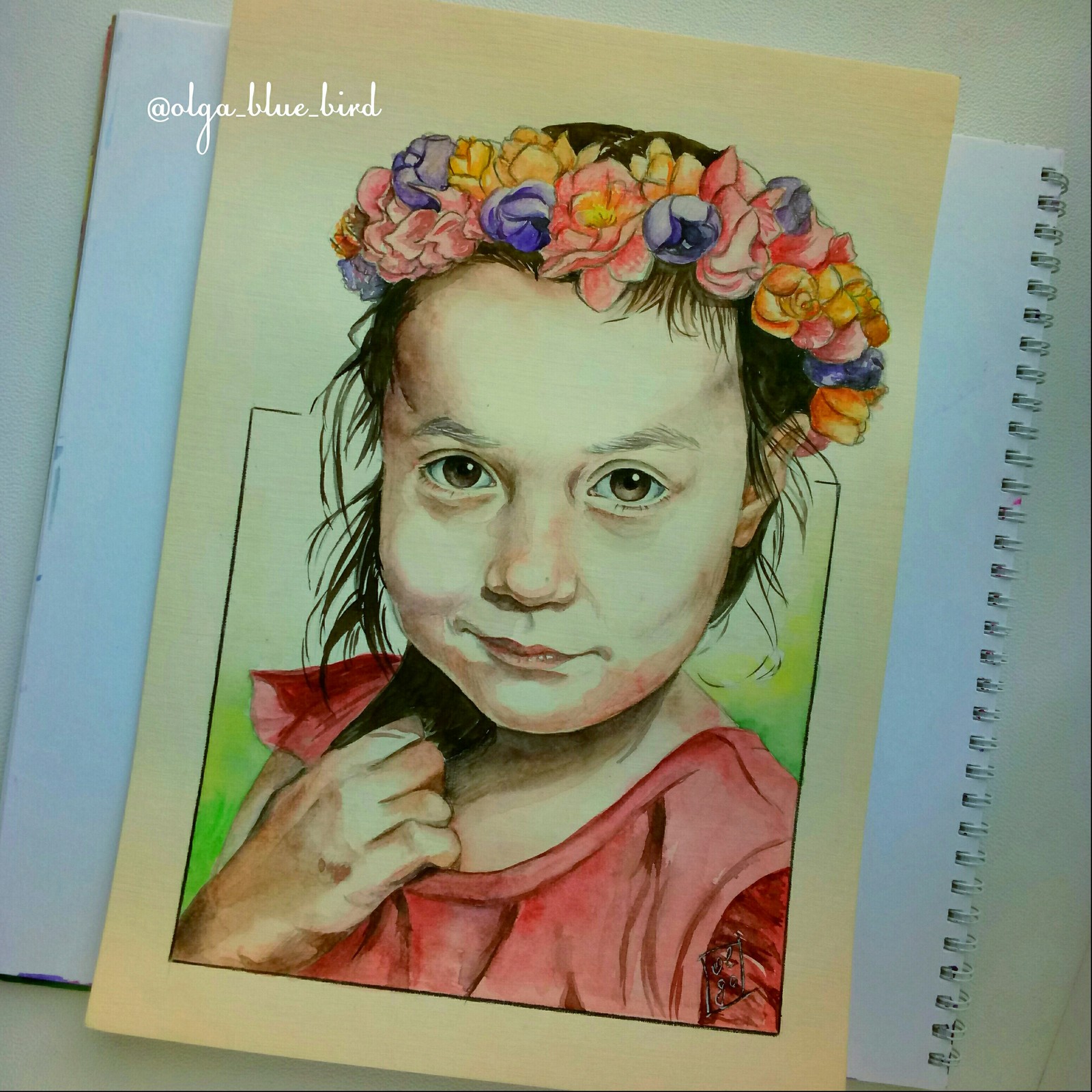 New portrait. - My, Watercolor, Portrait, Drawing, Girl, Children, Wreath