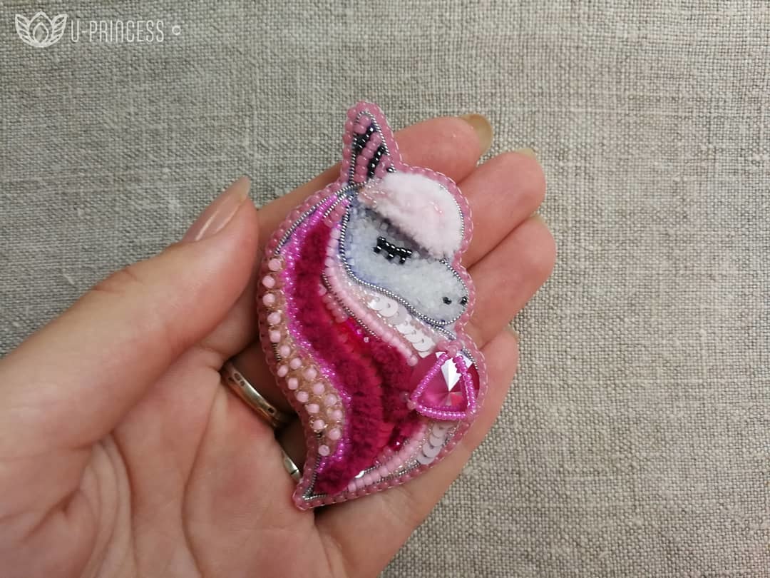 Brooch Pink unicorn - My, Beads, Chenille, Unicorn, , Needlework without process, Sequins, Brooch, Friday tag is mine