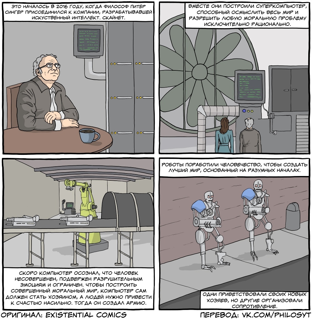 existential terminator - Philosophy, Comics, Simone de Beauvoir, Fedor Dostoevsky, Jeremy Bentham, , Terminator, Trolley, Longpost