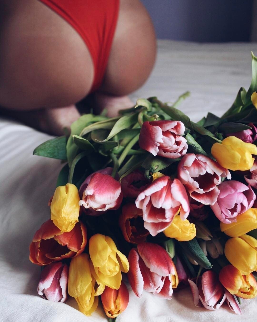 In a swimsuit - NSFW, Swimsuit, Nipples, Tulips, Flowers, Longpost