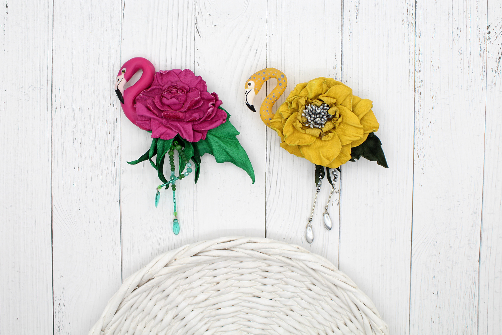 Sister birds (brooches) - My, Needlework without process, Birds, Flamingo, Brooch, Polymer clay, Flowers, Longpost