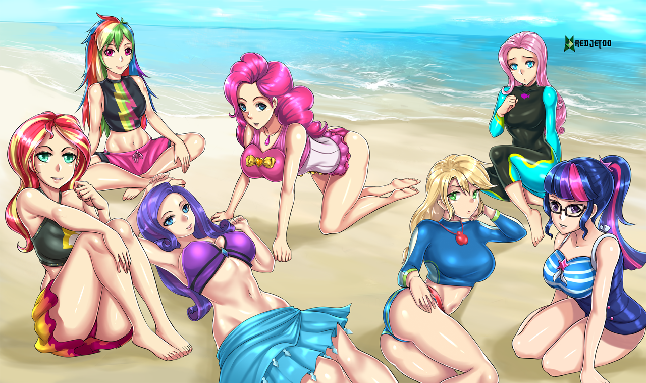 На пляжике - My Little Pony, Equestria Girls, Sunset Shimmer, Mane 6, MLP Edge, Redjet00