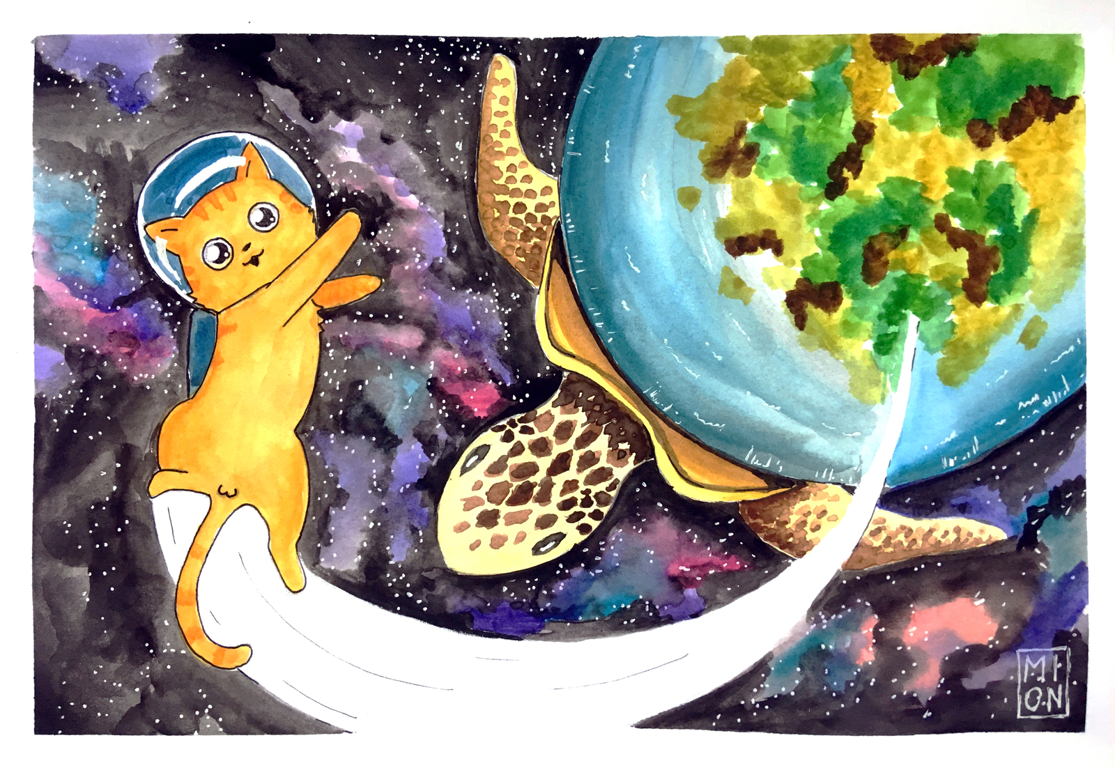 Flat world - My, Mionart, Redheads, cat, Ray, Space, Drawing, Watercolor, Illustrations