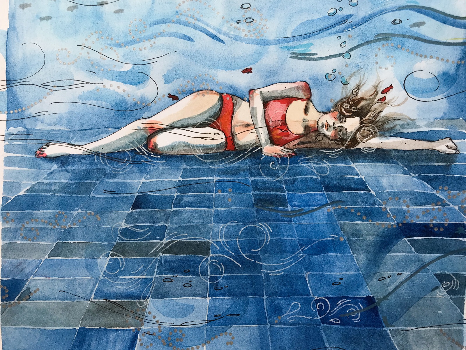 Release the air and sink to the bottom - My, Drawing, Water, Swimming pool, Watercolor, Longpost, Girls