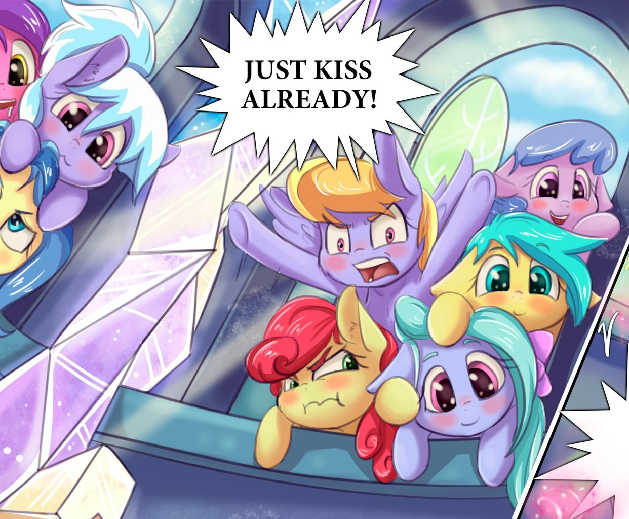 Just kiss already! - My Little Pony, PonyArt, Strawberry Sunrise, Cloudchaser, Cloud kicker, Sunshower Raindrops