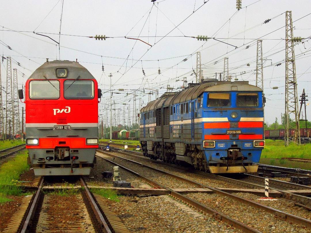 Diesel locomotives 2TE116U-0278 and 2TE116-1058 SFAT st. - Rostov region, A train, Railway