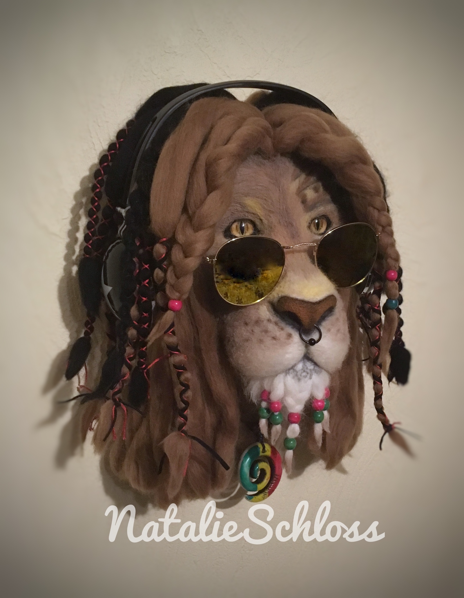 Rasta lion. Dry felting. - My, a lion, Rastaman, Dry felting, Headphones, Longpost