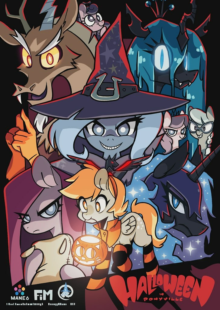 Halloween in Ponyville - My little pony, Nightmare moon, Trixie, Pinkie pie, Queen chrysalis, Derpy hooves, Silver Spoon