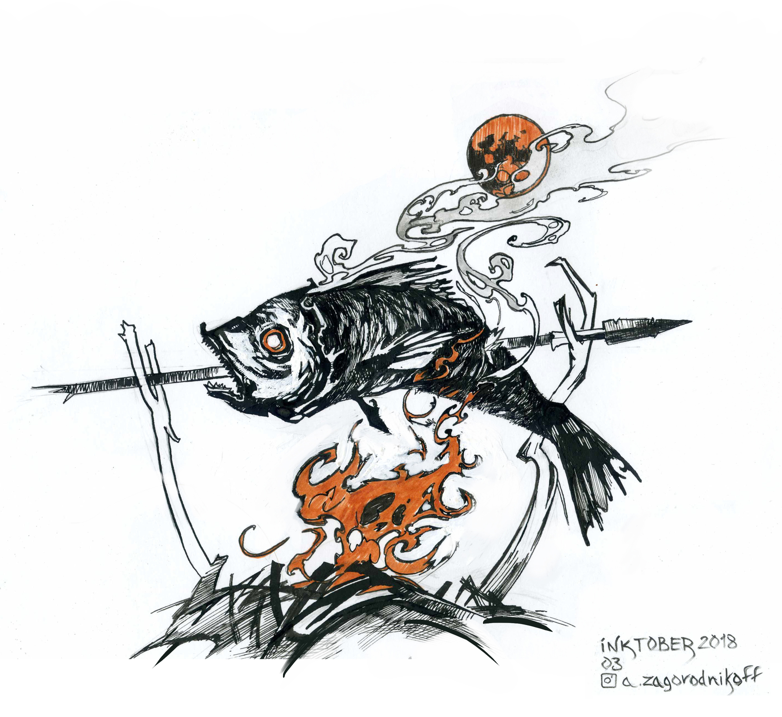 Inktober 2018. Day 3. - My, Inktober, Drawing, Art, Illustrations, A fish, Bonfire