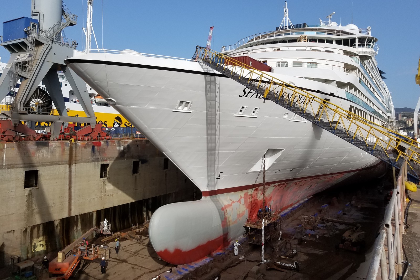 Our swallow was standing in a dry dock pointing a marafet. - My, Cruise liners, Dry dock, Genoa, Repair, Longpost, Marafet