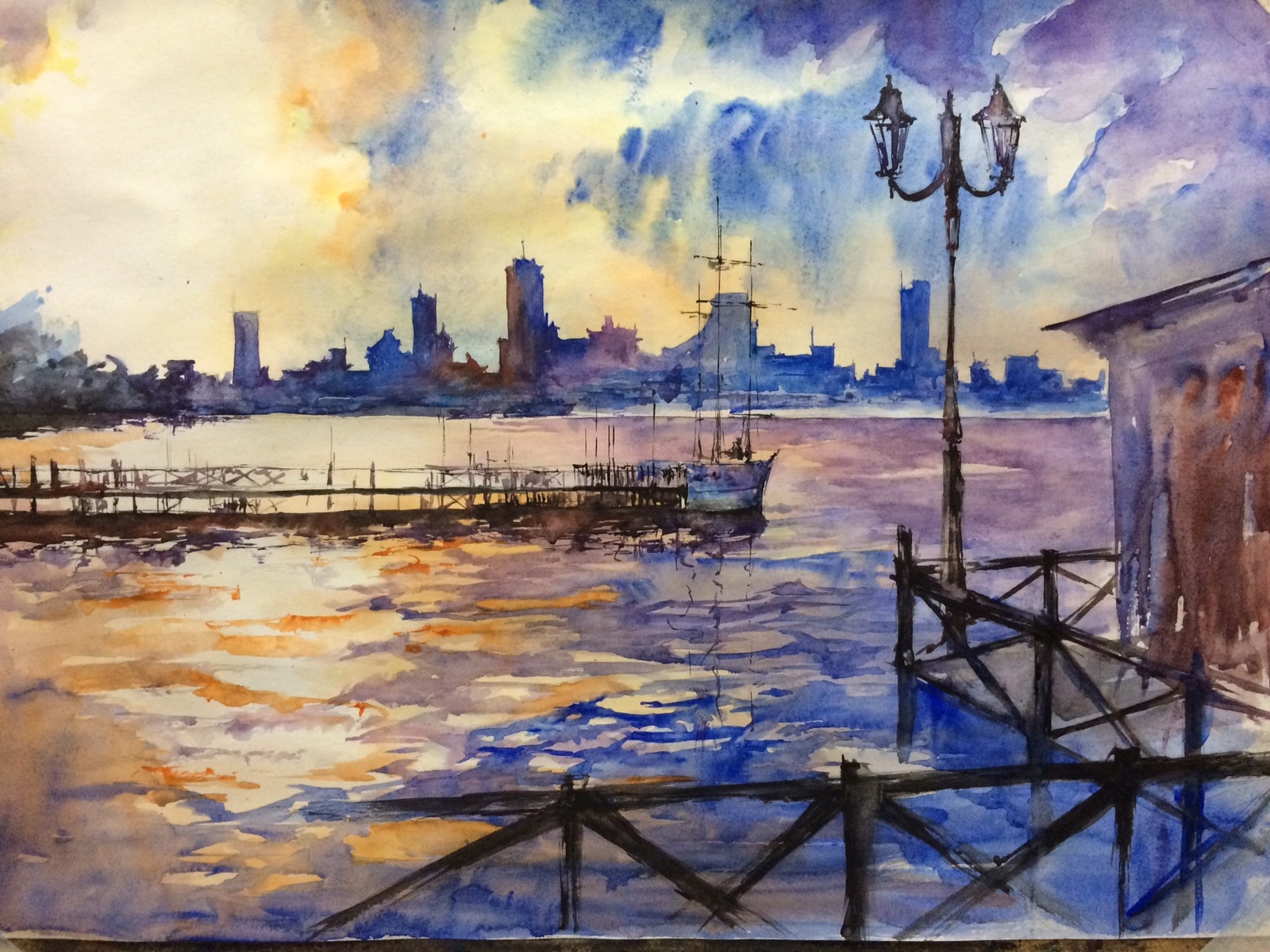 Berth - My, Watercolor, Landscape, Rostov-on-Don, Don River, Drawing, Berth, Town, River