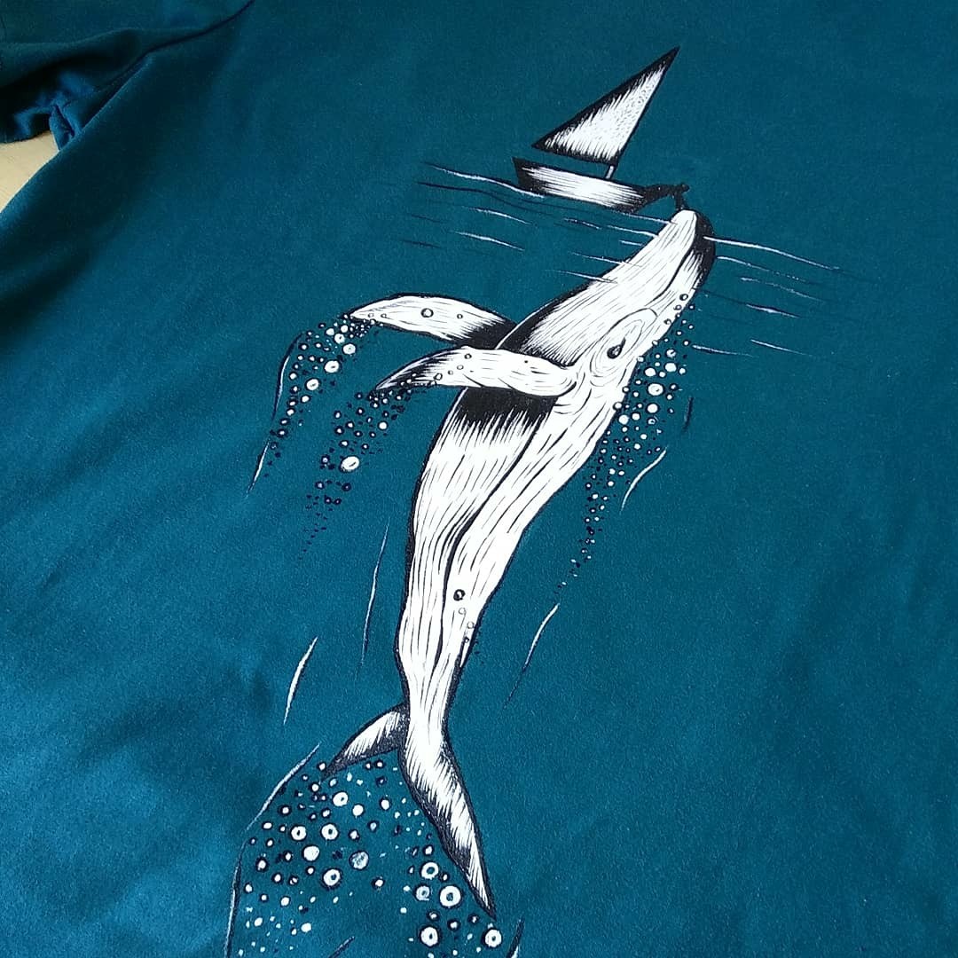 T-shirt painting - Longpost, , Painting on fabric, Acrylic, Art, Art, Whale, Humpback whale, My