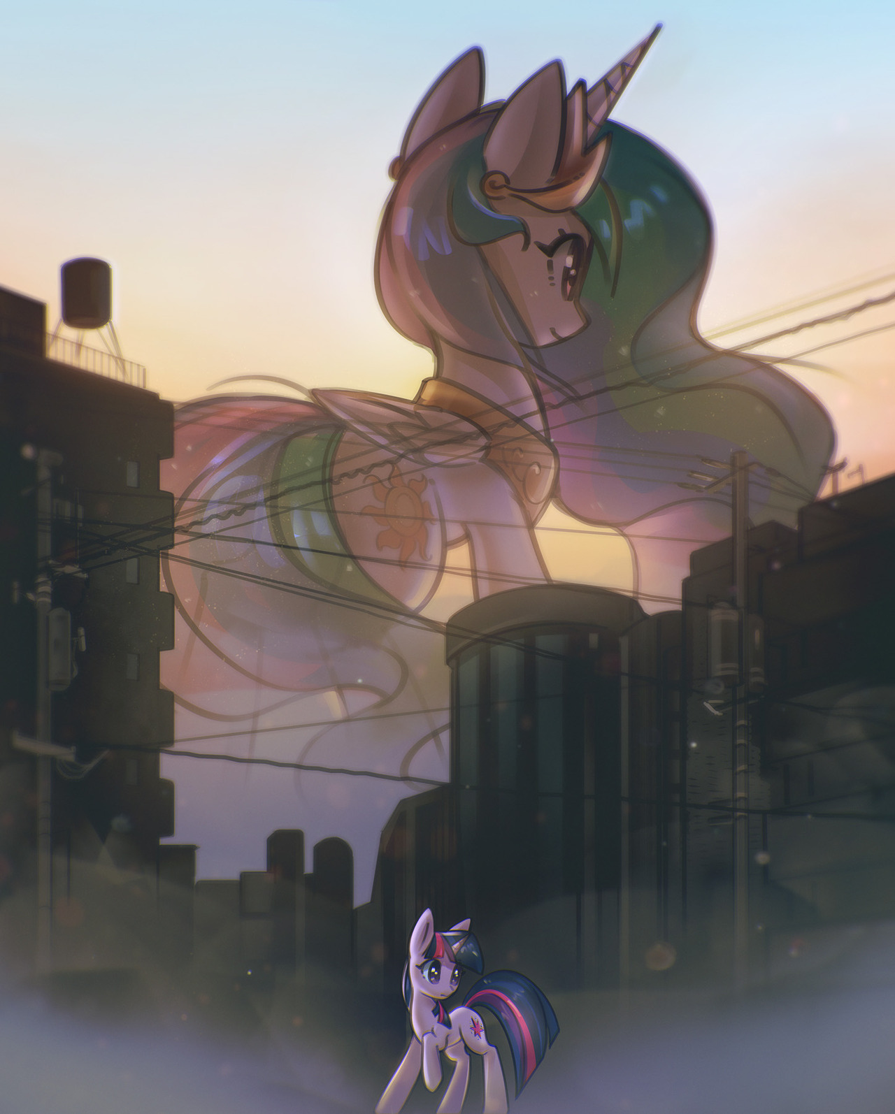 Селестия на горизонте - My Little Pony, Twilight sparkle, Princess Celestia, Арт, Mirroredsea, Giant Pony