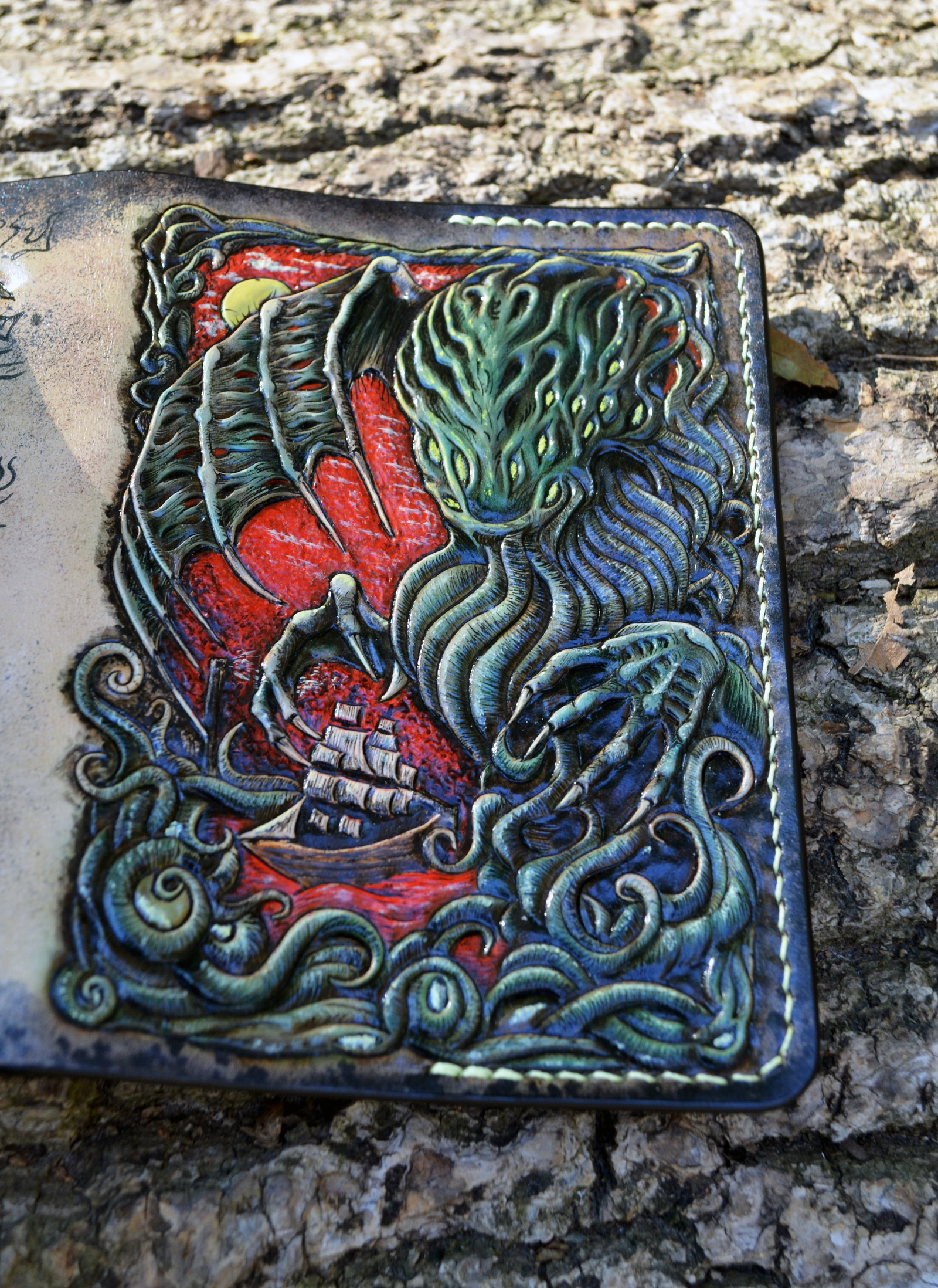 Passport cover - My, Howard Phillips Lovecraft, Cthulhu, Necronomicon, Leather, Embossing on leather, Cover, Longpost