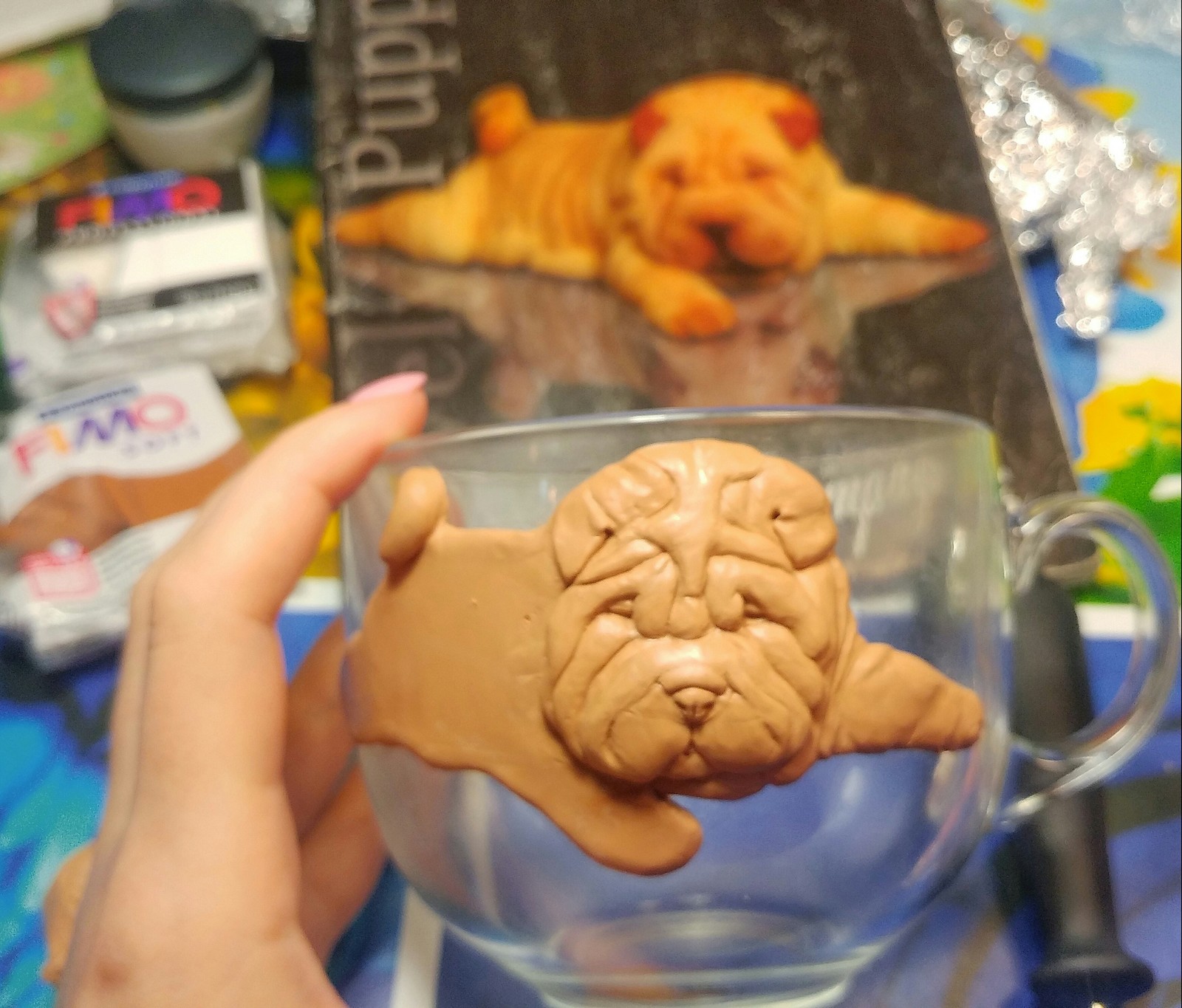 Polymer clay mug with sharpei - My, Needlework with process, Polymer clay, Shar Pei, Longpost