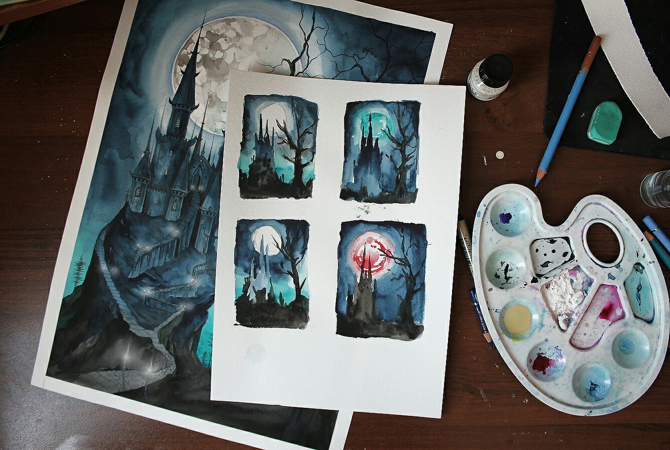 sinister glow - My, Lock, moon, Illustrations, Art, Watercolor, Story, Night, Landscape, Longpost