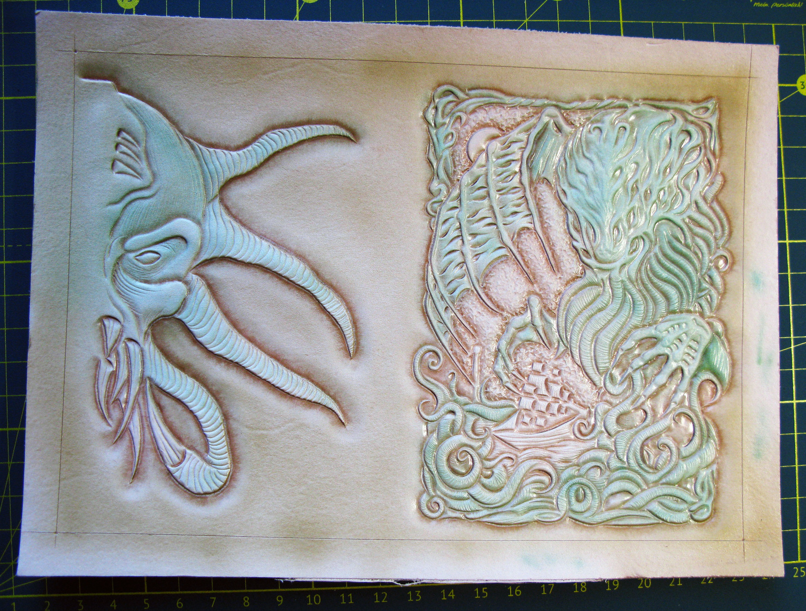 Passport cover. Painting and assembly. - My, Leather, Paints, Assembly, Tutorial, Cthulhu, Cover, Longpost