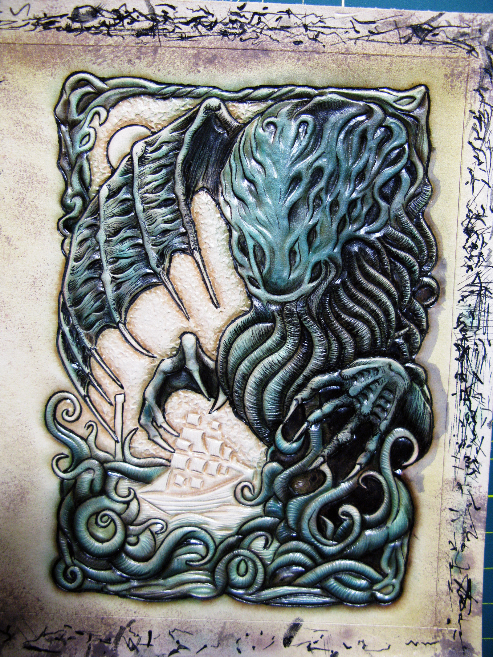 Passport cover. Painting and assembly. - My, Leather, Paints, Assembly, Tutorial, Cthulhu, Cover, Longpost