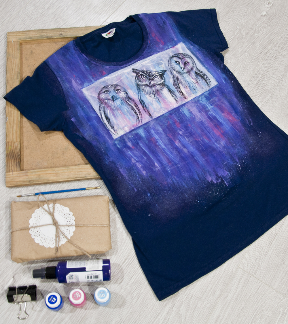 Painting over old painting - My, T-shirt, Cloth, Owl, Painting on fabric, Painting, , Fashion, Longpost