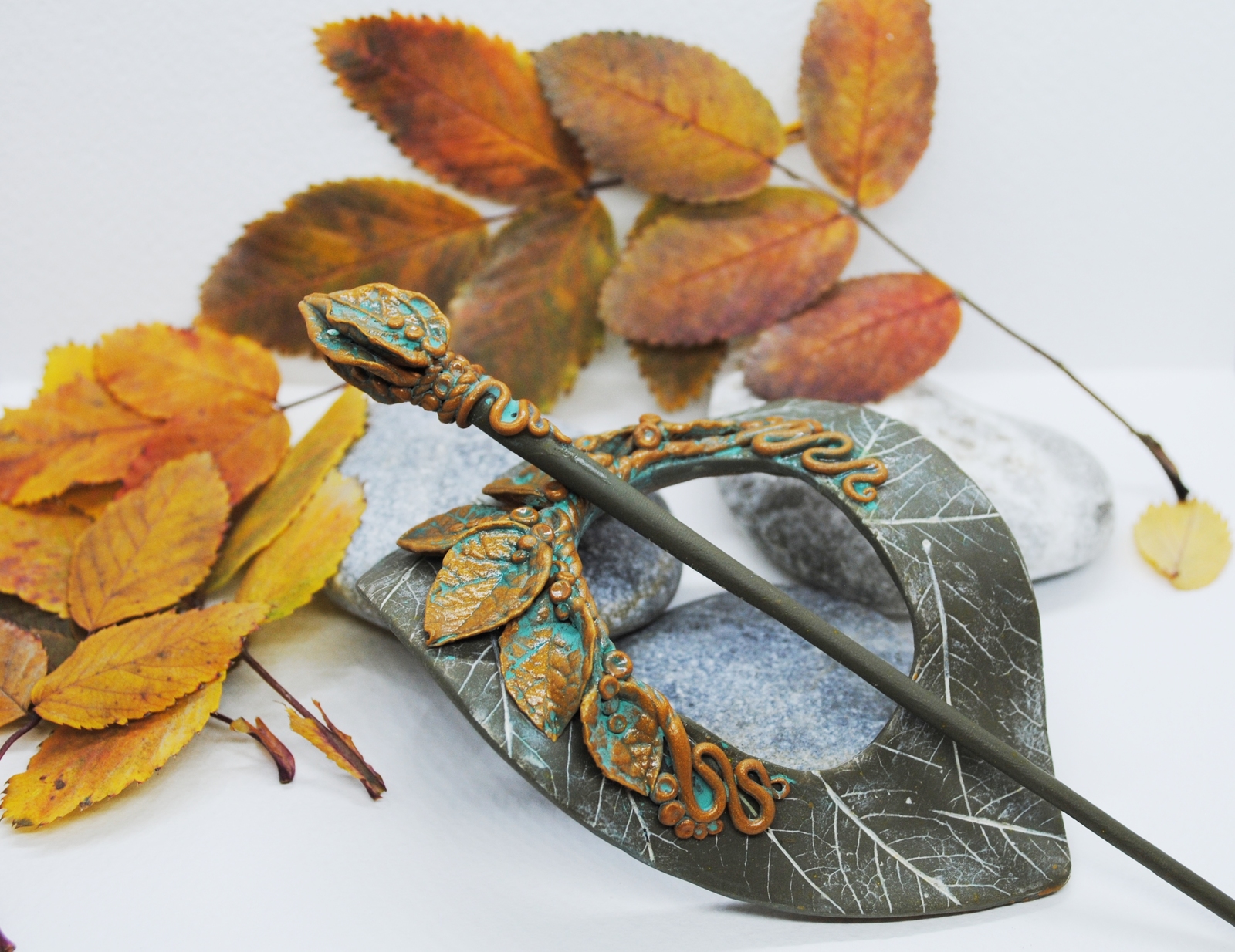 Hairpin - brooch Breath of autumn - My, Polymer clay, Barrette, Autumn, Longpost