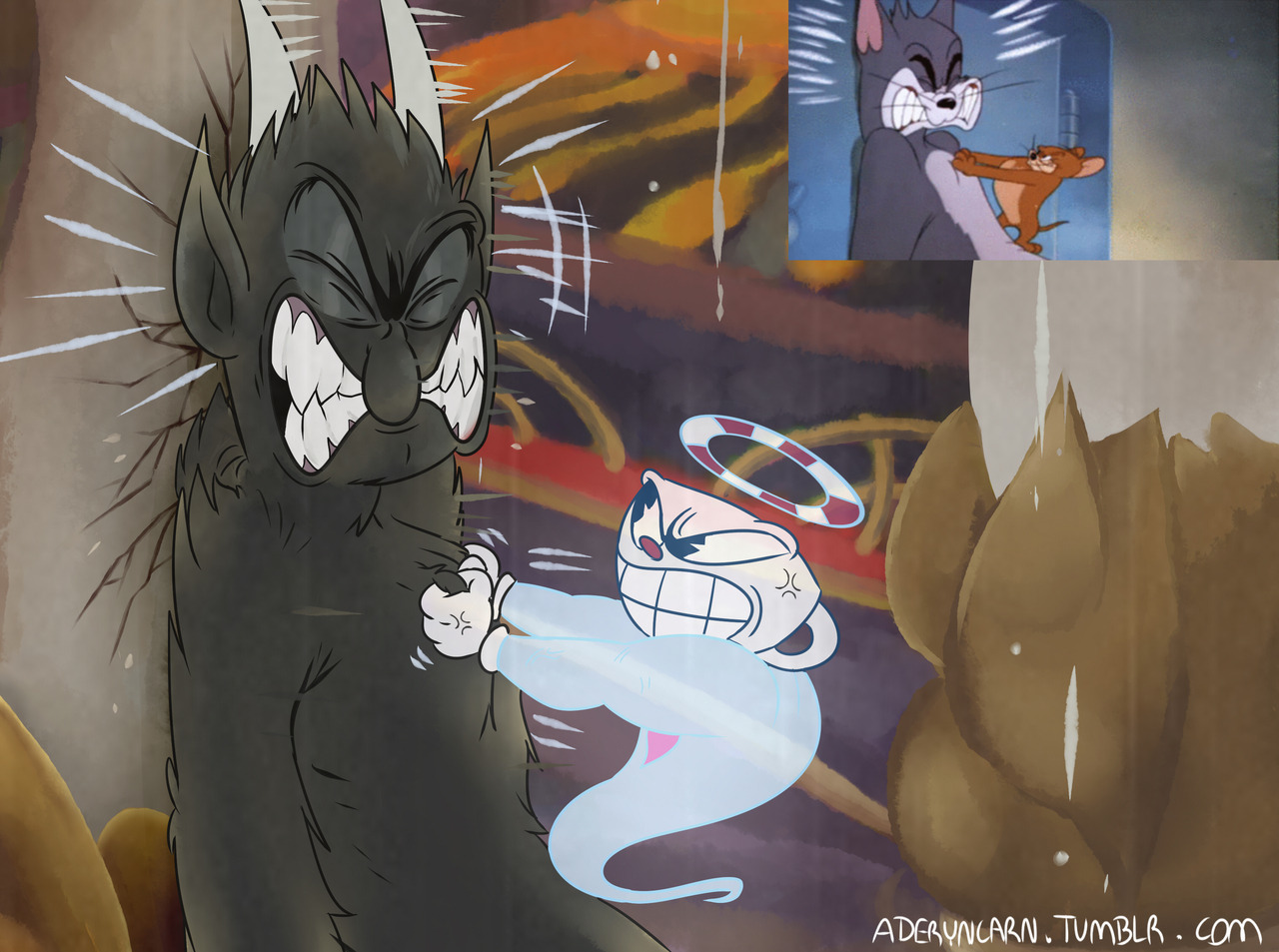 Tom & Jerry & Cuphead - Art, Crossover, Tom and Jerry, Cuphead, Games, Cartoons, Longpost