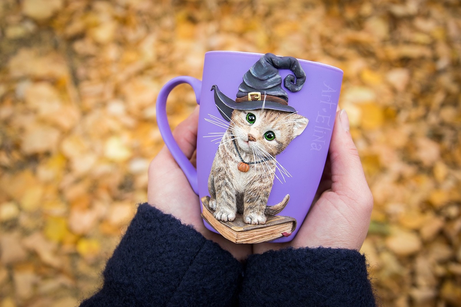 Kitten Pumpkin in a hat, polymer clay))) - My, Needlework without process, Polymer clay, Halloween, cat