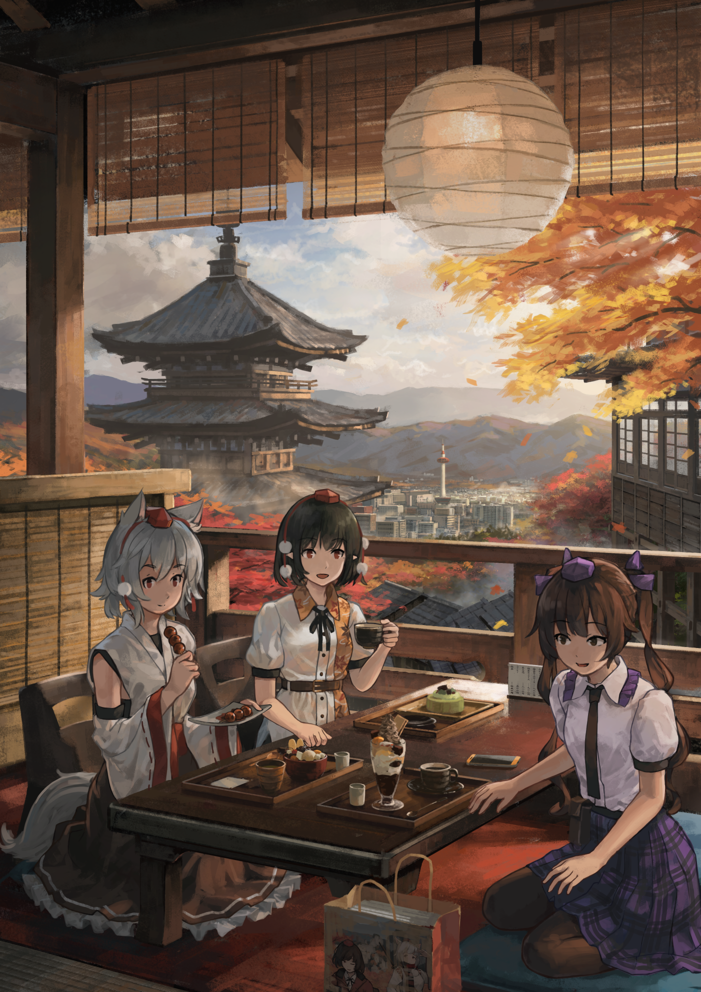 Tengu in Kyoto - Anime, Anime art, Touhou, Himekaidou hatate, Inubashiri momiji, Shameimaru aya, Mikado