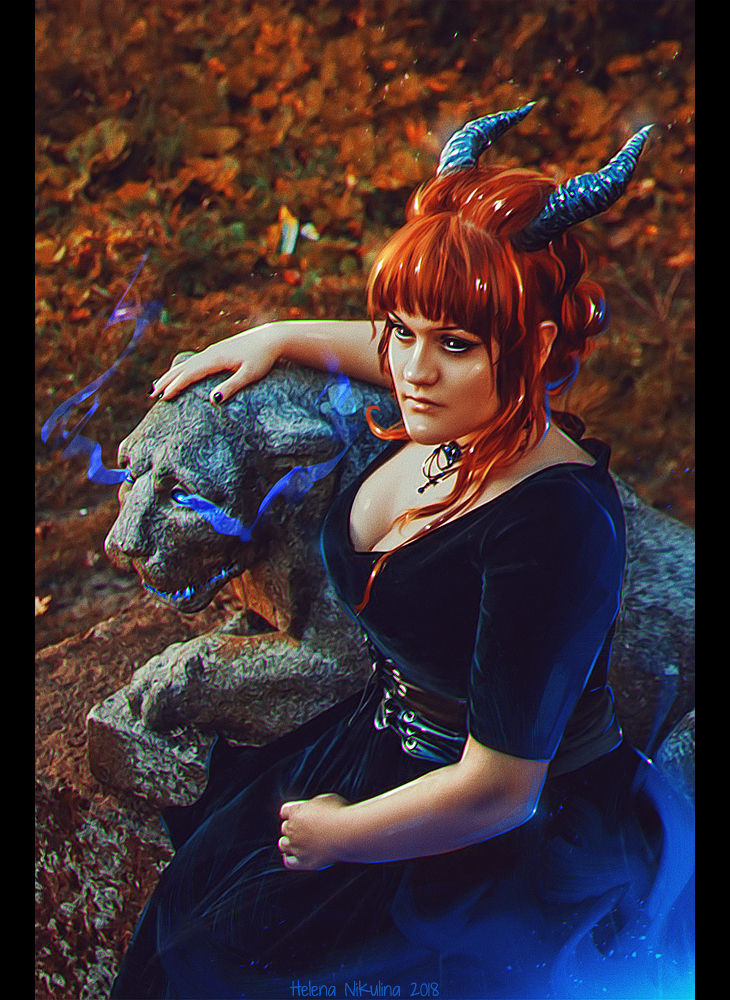 Dark Guardian. - My, Art, Elena Nikulina, Demon, Dark fantasy, Guardian, Horns, Redheads, Beautiful girl