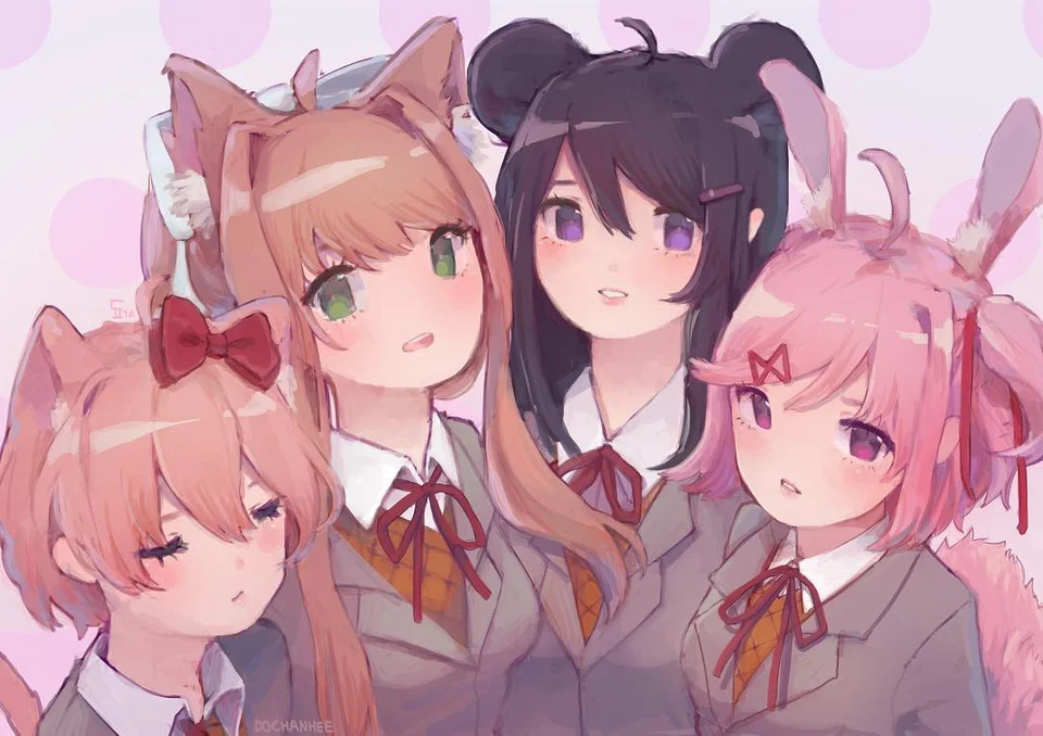 doki doki even more cute club - Doki Doki Literature Club, Sayori, Natsuki, Yuri DDLC, Monika, Anime art, Visual novel, Neko