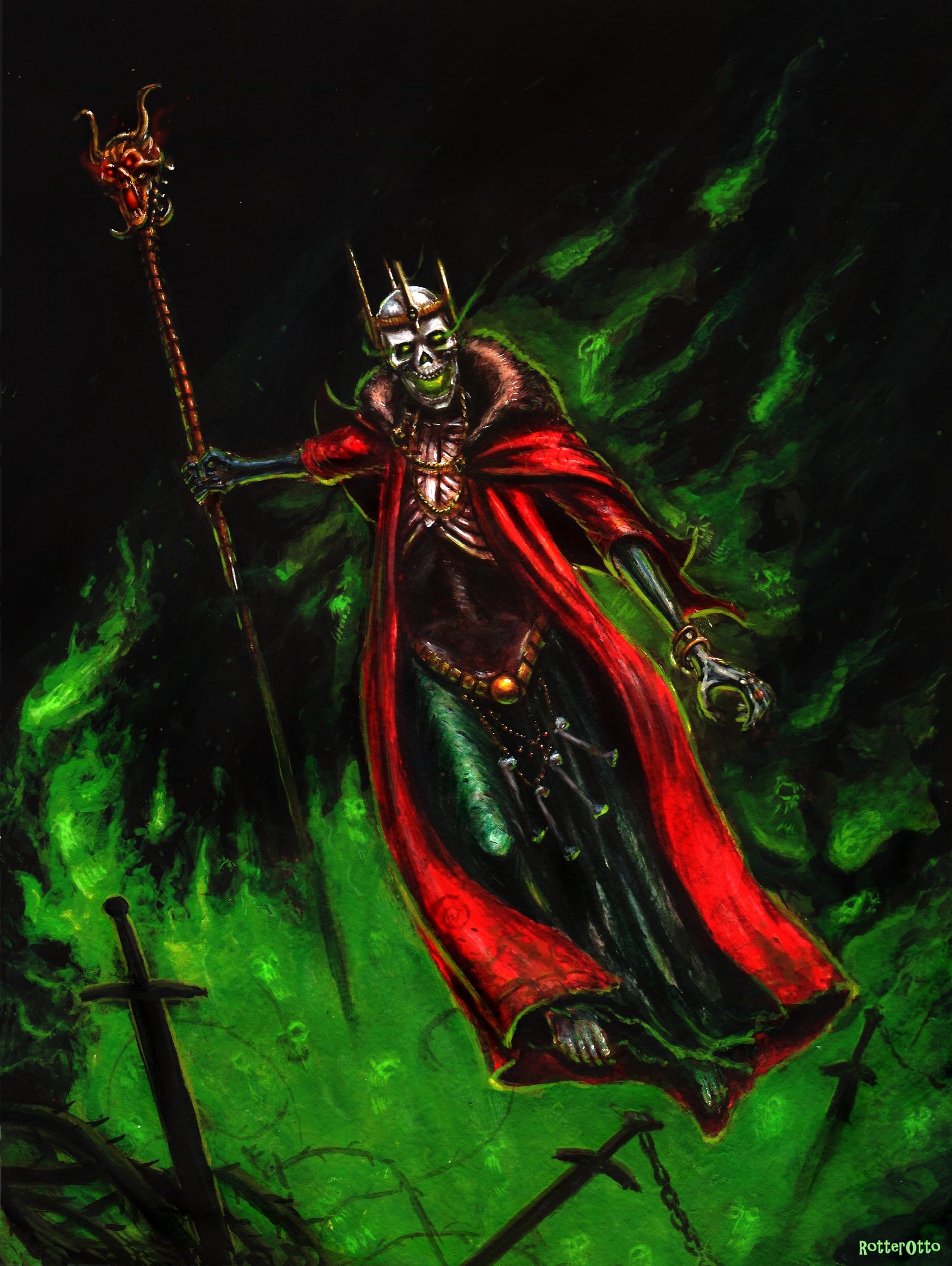 Lich - My, Watercolor, Art, Undead, Fantasy, Lich, Longpost, Drawing