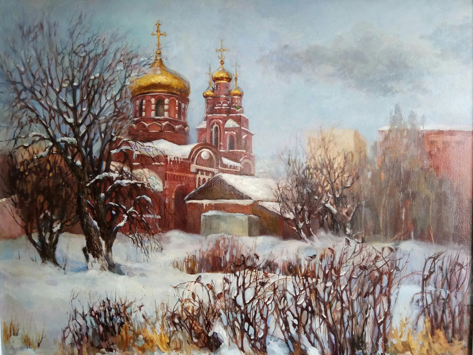 Winter temple. - My, Oil painting, Painting, Winter, Cityscapes, Temple, Painting, Butter, Street photography