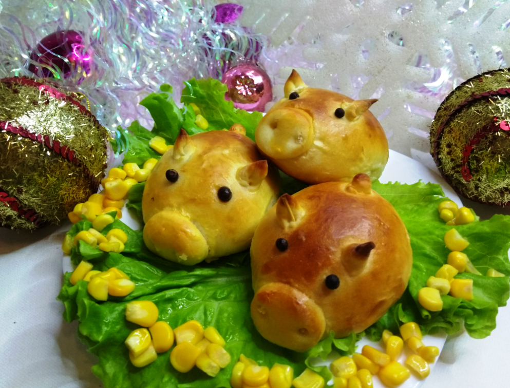 Glamor pig buns - My, Video, Longpost, Food, Recipe, Cooking, Buns, Piggy, New Year, Festive table