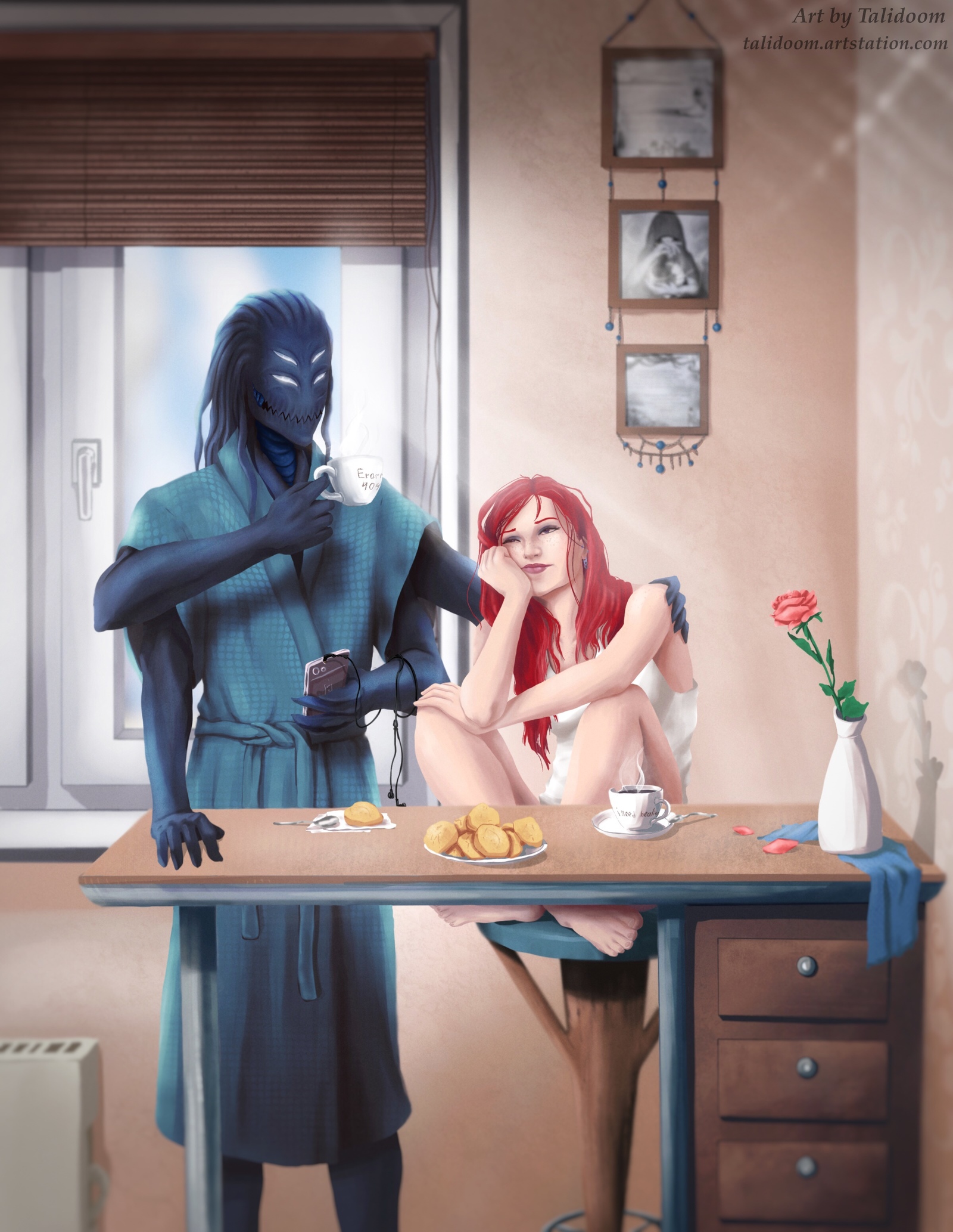 Breakfast with a monster - My, Monster, Art, Redheads, Girls, Procreate, Longpost, Drawing, Digital drawing, Morning