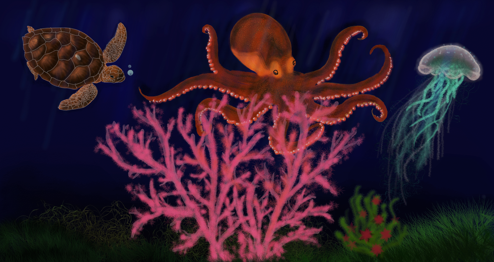 Art Rage Underwater World - My, Graphics tablet, Underwater world, Octopus, Turtle, Jellyfish, Coral, Drawing