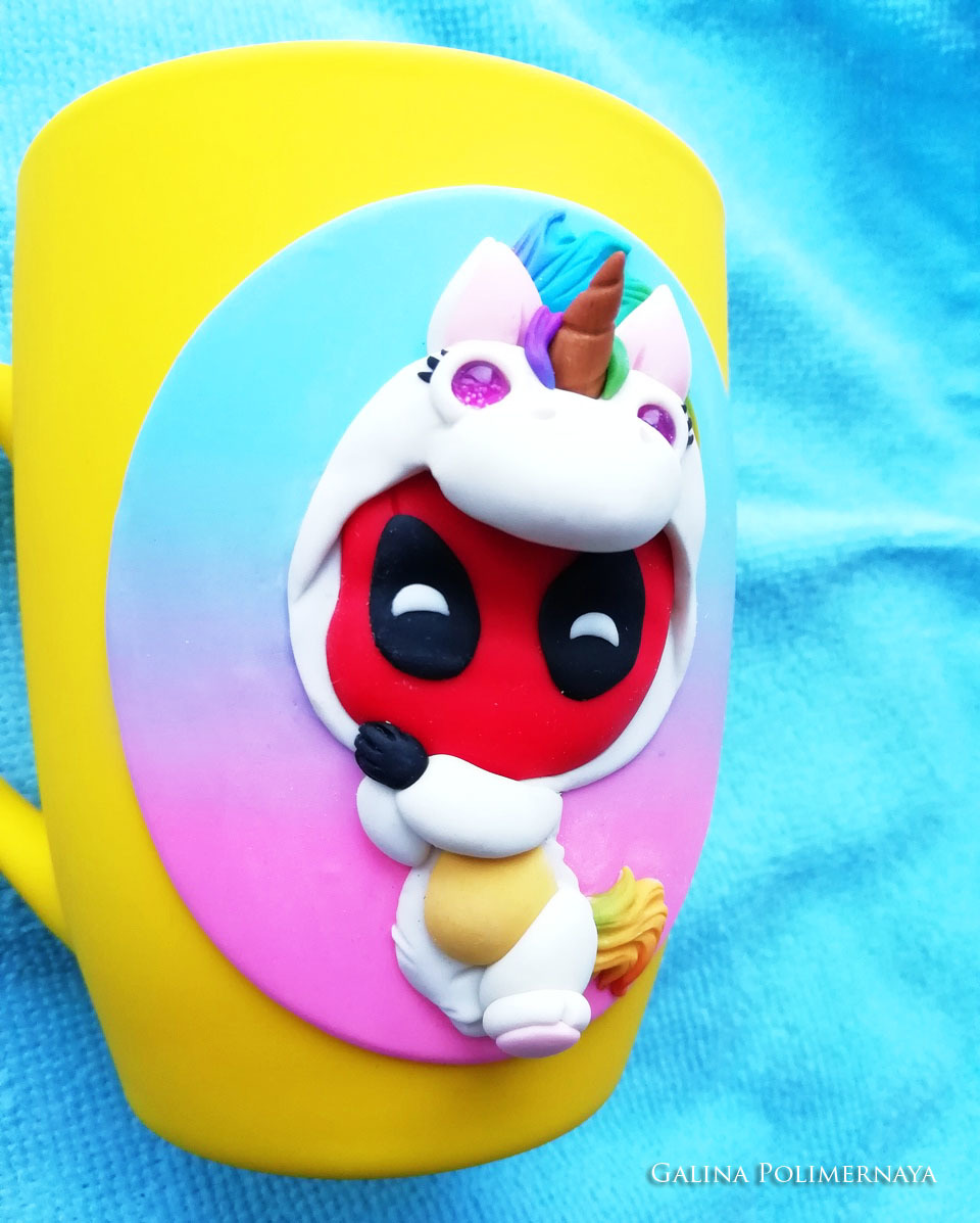 Deadpool in a unicorn costume ^_^ - My, Deadpool, Unicorn, Polymer clay, Needlework without process, Handmade, Handmade, Кружки, Chibi, Longpost, Mug with decor