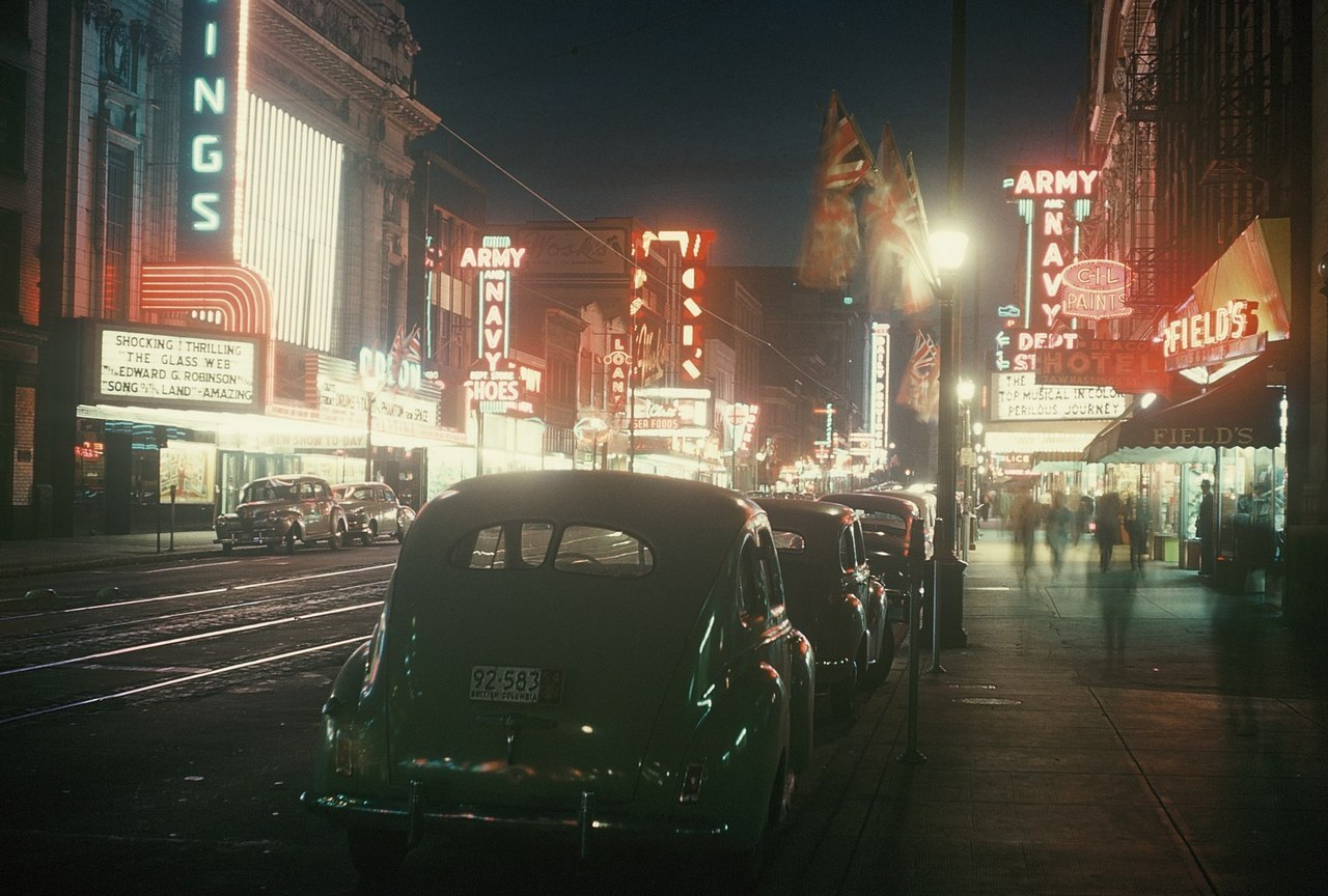 Ночной Ванкувер, Канада, 1954 год. - Ванкувер, Канада, Вывеска, Фотография, Ретро