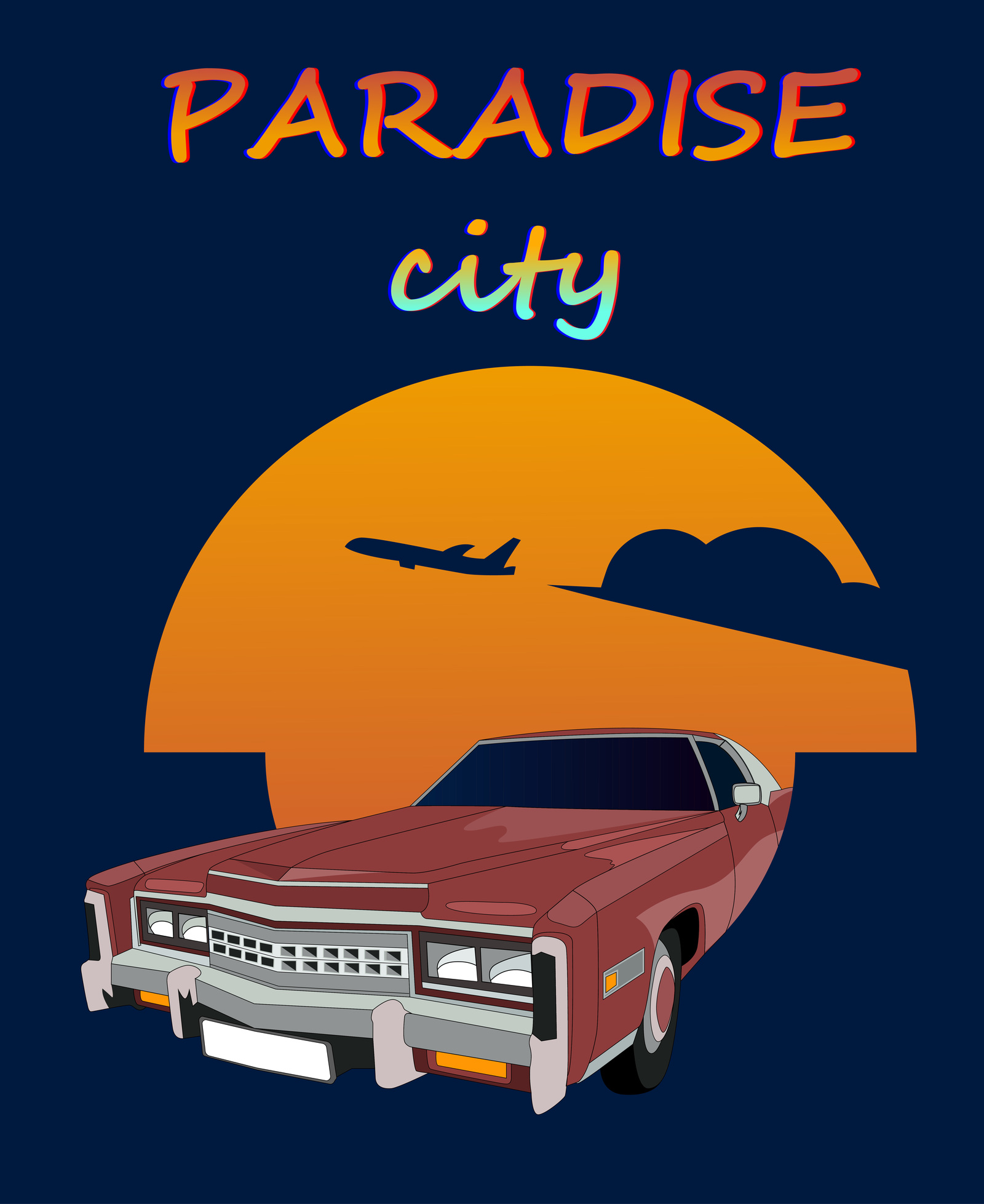 paradise city - My, Vector graphics, Town, Auto, Cadillac, Longpost